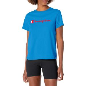 imageChampion Womens Classic Short Sleeve Graphic TShirt Standard Fit Script LogoDeep Blue Water Script