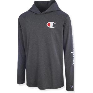 imageChampion Boys Long Sleeve Hooded Tee Shirt Lightweight Tech Fabric Athletic TShirt for KidsCharcoal Heather