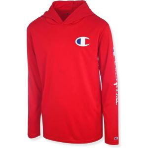 imageChampion Boys Long Sleeve Hooded Tee Shirt Lightweight Tech Fabric Athletic TShirt for KidsLychee Red