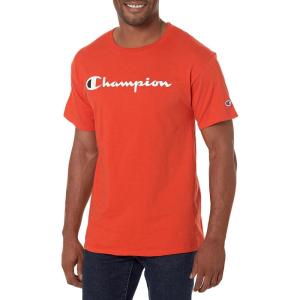 imageChampion Mens Classic Script Graphic Short Sleeve TShirt Standard Fit Tonal Logo Available in Regular and Big amp TallSpicy Orange  Classic Script Logo