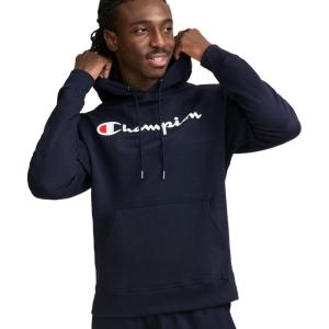 imageChampion Mens Pullover Graphic Fleece Hoodie Standard Fit Midweight Fleece Classic Script Logo Available Regular Big amp TallDeep Navy