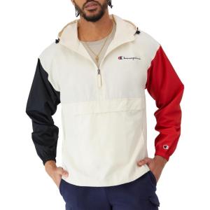 imageChampion Mens Jacket Stadium Fullzip Jacket Wind Resistant Water Resistant Jacket for MenNaturalBlackEclipse Red Small Script