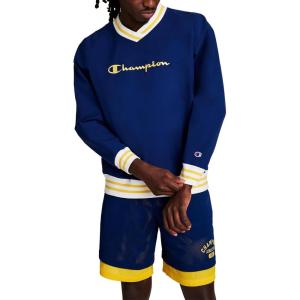 imageChampion Mens Lightweight VNeck Woven Pullover Standard Fit Script LogoBlue Depths
