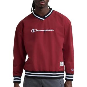 imageChampion Mens Lightweight VNeck Woven Pullover Standard Fit Script LogoPomegranate